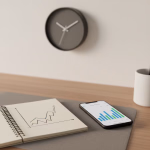 Schreibtisch mit Notizbuch, das eine Wachstumskurve zeigt, und einem Smartphone mit einer Balkendiagramm-App, symbolisiert Planung und Fortschritt.