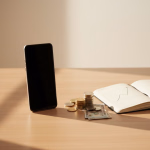 Ein Smartphone, gestapelte Münzen, Geldscheine und ein Notizbuch mit einem aufsteigenden Diagramm auf einem Holztisch, symbolisieren Finanzplanung und Wachstum.