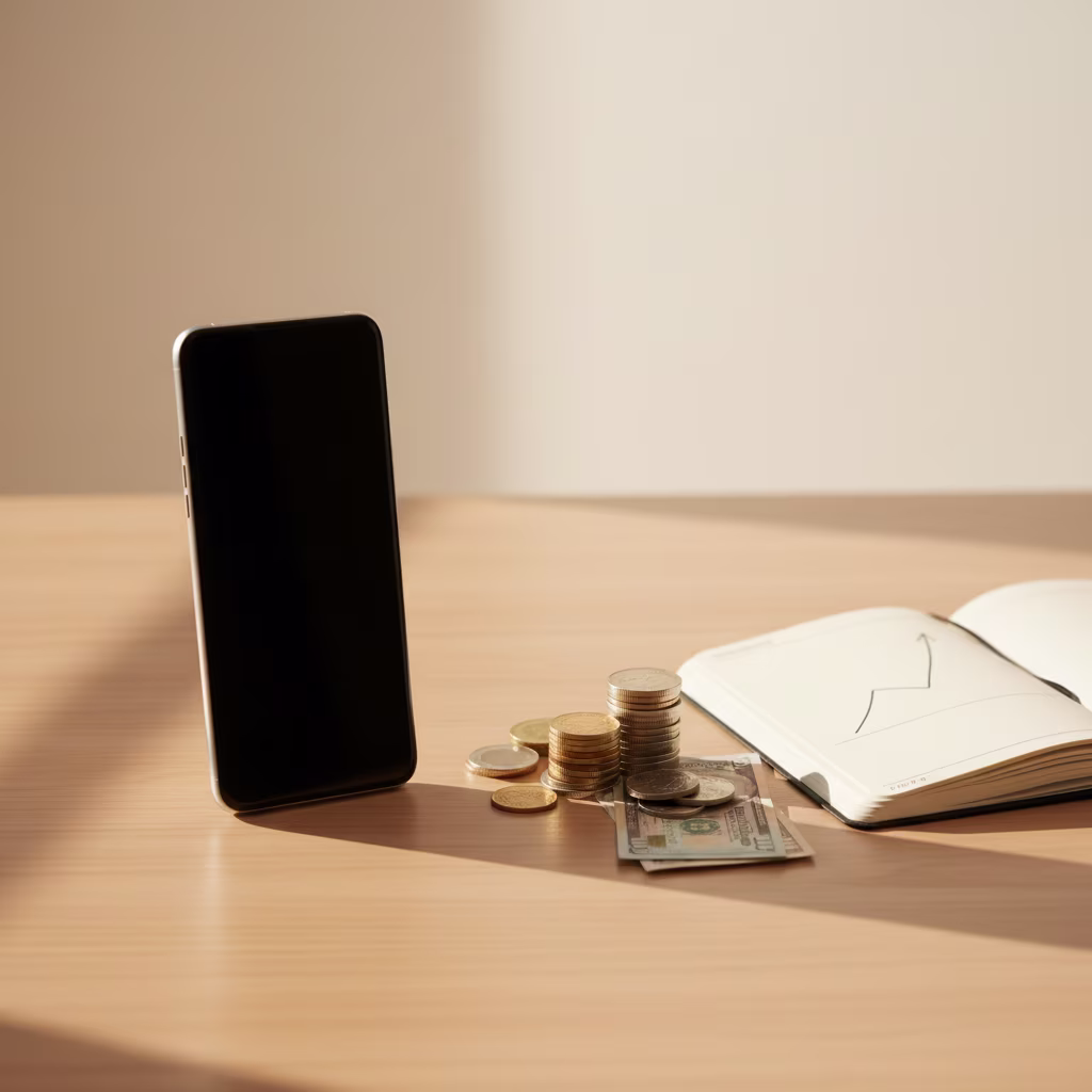 Ein Smartphone, gestapelte Münzen, Geldscheine und ein Notizbuch mit einem aufsteigenden Diagramm auf einem Holztisch, symbolisieren Finanzplanung und Wachstum.