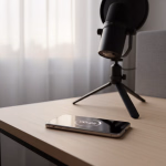 Ein schwarzes Mikrofon auf einem Stativ steht neben einem Smartphone, das einen 00:25-Timer anzeigt, auf einem hellen Holzschreibtisch vor einem Fenster.