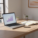 Ein Laptop auf einem hellen Schreibtisch zeigt ein Balkendiagramm, daneben liegt ein offener Planer mit Markierungen und ein Stift. Der Arbeitsplatz ist von Sonnenlicht durchflutet.