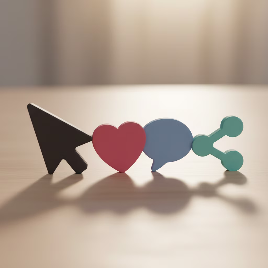 Vier Symbole für Online-Interaktion auf einer Holzoberfläche: ein schwarzer Mauspfeil, ein rotes Herz, eine blaue Sprechblase und ein türkises Teilen-Symbol.