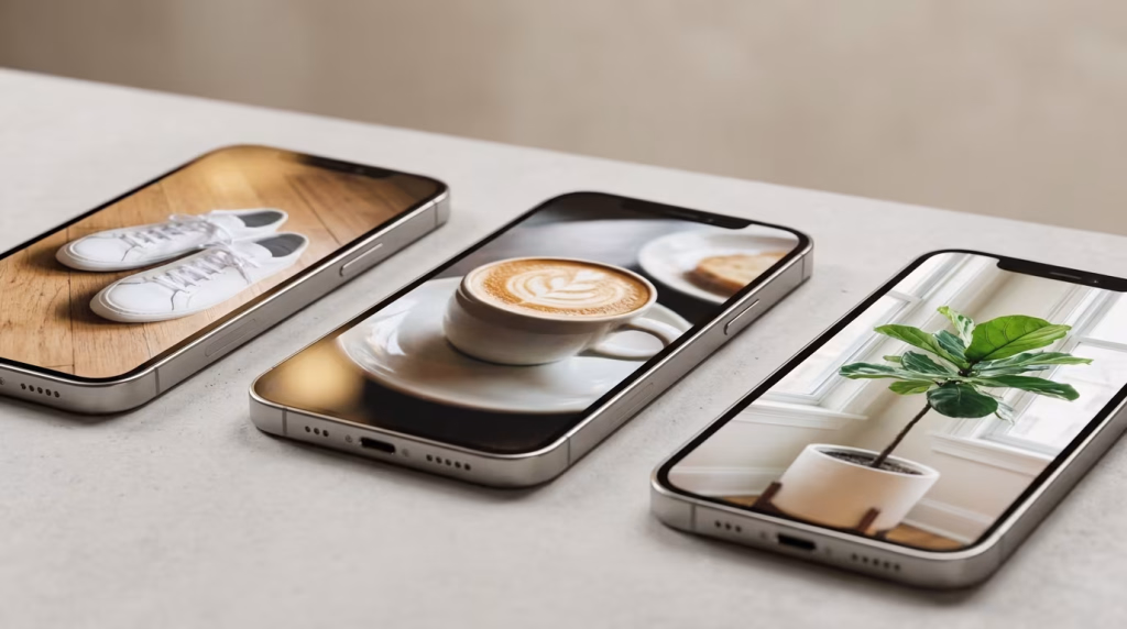 Drei Smartphones liegen nebeneinander und zeigen Bilder von weißen Turnschuhen, einer Kaffeetasse mit Latte Art und einer Zimmerpflanze vor einem Fenster.