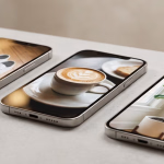 Drei Smartphones liegen nebeneinander und zeigen Bilder von weißen Turnschuhen, einer Kaffeetasse mit Latte Art und einer Zimmerpflanze vor einem Fenster.