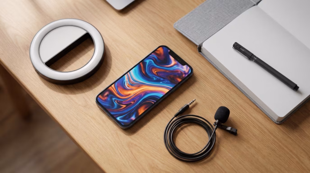 Ausrüstung für die Erstellung von Online-Inhalten mit Smartphone, Ringlicht und Mikrofon auf einem Holztisch.