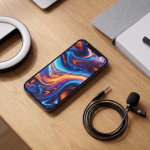 Ausrüstung für die Erstellung von Online-Inhalten mit Smartphone, Ringlicht und Mikrofon auf einem Holztisch.