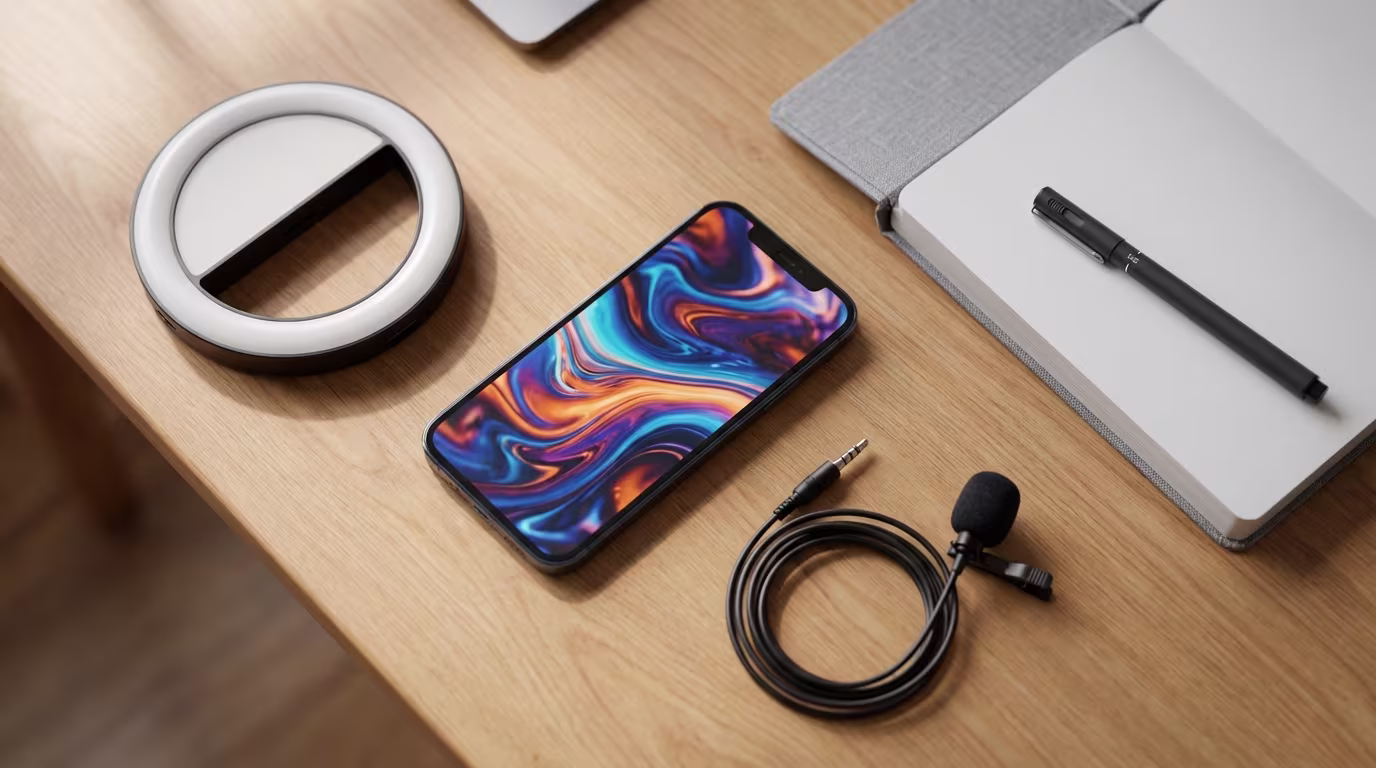 Ausrüstung für die Erstellung von Online-Inhalten mit Smartphone, Ringlicht und Mikrofon auf einem Holztisch.