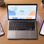 Ein moderner Arbeitsplatz mit digitalen Geräten wird von oben gezeigt. Ein offenes MacBook Pro steht im Zentrum und präsentiert auf seinem Bildschirm eine Blog-Website mit einem klaren Layout und abstrakten, sanften Formen in Blau- und Orangetönen. Links vom Laptop liegt ein Smartphone, dessen Display eine Bildergalerie im Stil einer Social-Media-App anzeigt. Rechts davon befindet sich ein Tablet, auf dem eine Social-Media-Timeline mit Profilbildern und Beiträgen dargestellt ist. Zwischen dem Laptop und den beiden mobilen Geräten schweben leuchtende, blau-violette Lichtbahnen, die eine Verbindung oder den Austausch von Informationen symbolisieren. Im oberen Bereich des Bildes sind eine helle Kaffeetasse und eine kleine grüne Topfpflanze auf dem Holzschreibtisch zu sehen, die die Szenerie abrunden. Das Bild vermittelt den Eindruck einer vernetzten digitalen Welt und der Möglichkeit, Inhalte über verschiedene Plattformen und Geräte hinweg zu teilen und zu konsumieren. **Alternativtext:** Ein Laptop, ein Smartphone und ein Tablet liegen auf einem Holztisch, verbunden durch leuchtende Linien. Der Laptop zeigt eine Webseite mit einem modernen Design, das Smartphone eine Bildübersicht und das Tablet eine Social-Media-Timeline.