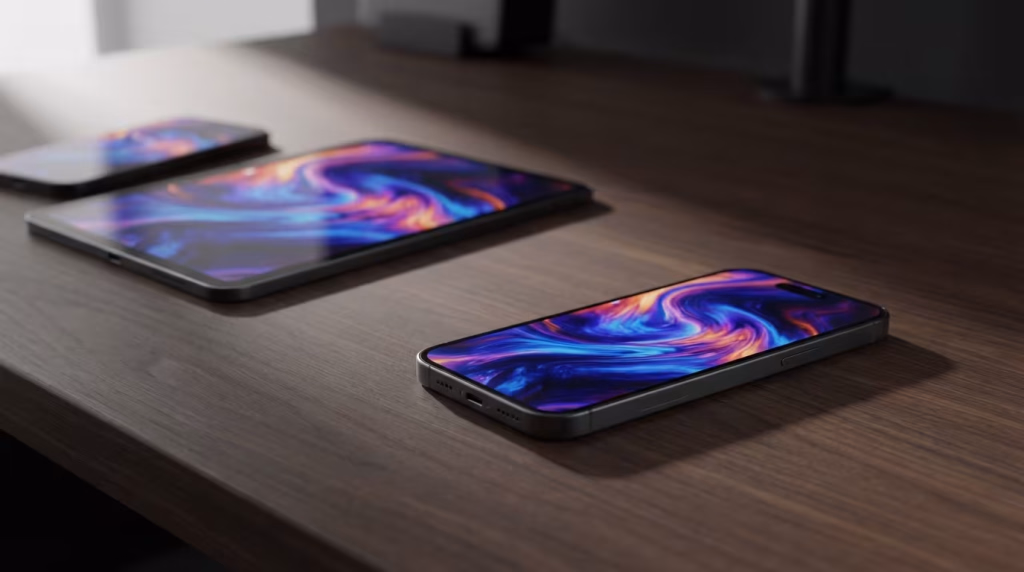 Drei moderne Mobilgeräte (ein Tablet und zwei Smartphones) liegen auf einem dunklen Holztisch und zeigen lebendige, abstrakte Hintergrundbilder auf ihren Bildschirmen.