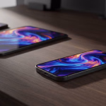 Drei moderne Mobilgeräte (ein Tablet und zwei Smartphones) liegen auf einem dunklen Holztisch und zeigen lebendige, abstrakte Hintergrundbilder auf ihren Bildschirmen.