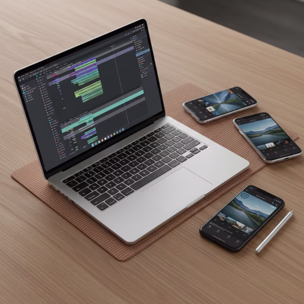 Ein Laptop mit Videoschnittsoftware auf dem Bildschirm und drei Smartphones, die Landschaftsaufnahmen oder -videos anzeigen, liegen auf einem Holztisch.