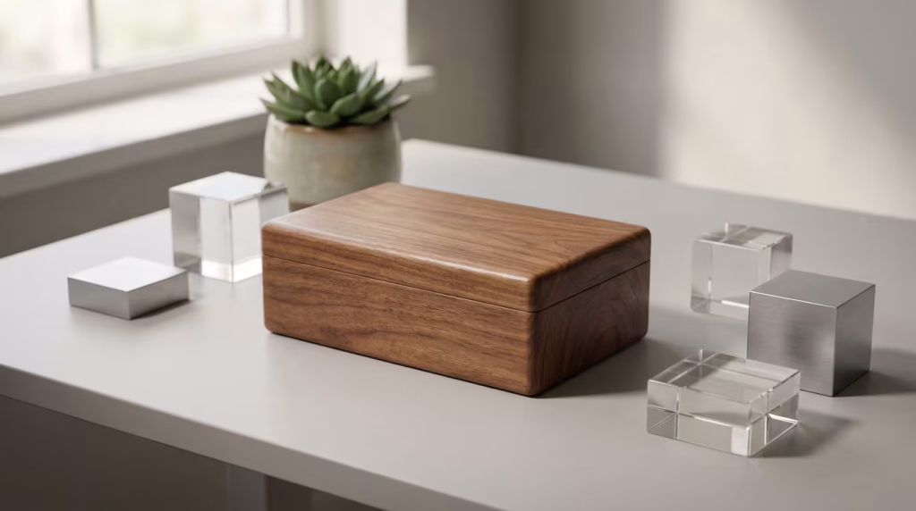 Eine rechteckige Holzkiste liegt auf einem hellgrauen Tisch, umgeben von dekorativen Würfeln aus klarem Glas und gebürstetem Metall, mit einer unscharfen Zimmerpflanze im Hintergrund.