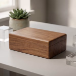 Eine rechteckige Holzkiste liegt auf einem hellgrauen Tisch, umgeben von dekorativen Würfeln aus klarem Glas und gebürstetem Metall, mit einer unscharfen Zimmerpflanze im Hintergrund.