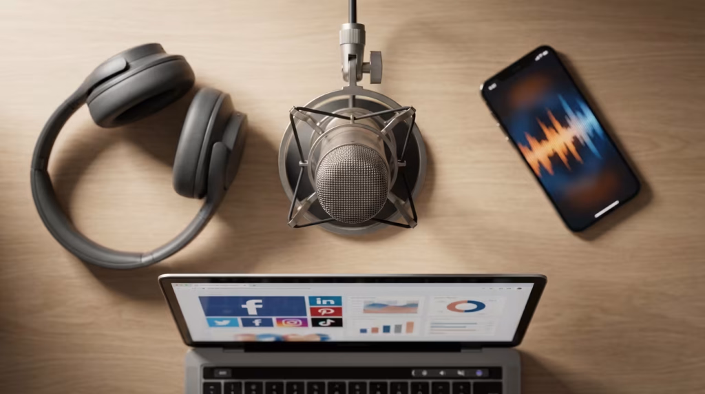 Eine Aufsicht auf einen Schreibtisch mit Ausrüstung für die digitale Content-Produktion. Zu sehen sind Kopfhörer, ein Studiomikrofon, ein Smartphone mit einer Audiowellenform und ein Laptop, dessen Bildschirm verschiedene Anwendungsicons und Analysediagramme anzeigt.