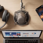 Eine Aufsicht auf einen Schreibtisch mit Ausrüstung für die digitale Content-Produktion. Zu sehen sind Kopfhörer, ein Studiomikrofon, ein Smartphone mit einer Audiowellenform und ein Laptop, dessen Bildschirm verschiedene Anwendungsicons und Analysediagramme anzeigt.