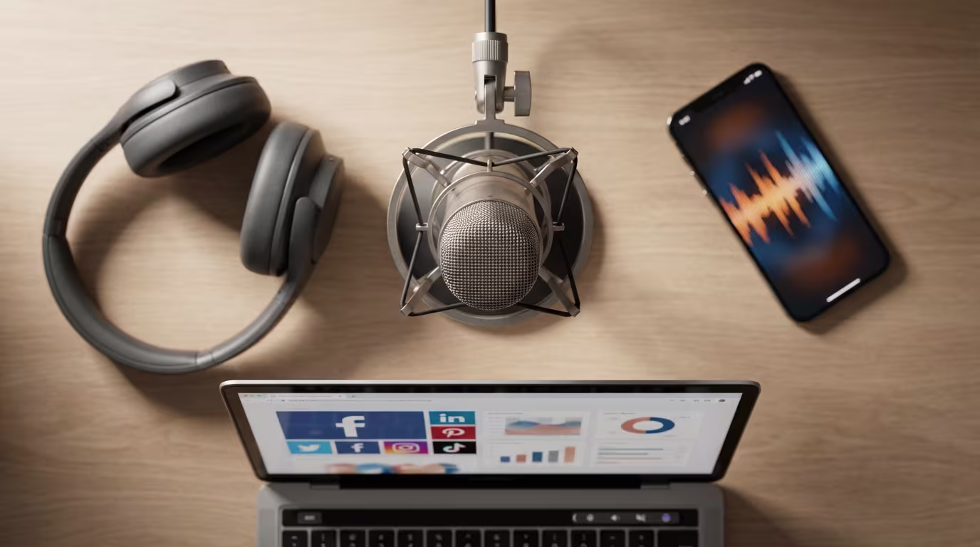 Eine Aufsicht auf einen Schreibtisch mit Ausrüstung für die digitale Content-Produktion. Zu sehen sind Kopfhörer, ein Studiomikrofon, ein Smartphone mit einer Audiowellenform und ein Laptop, dessen Bildschirm verschiedene Anwendungsicons und Analysediagramme anzeigt.