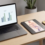 Ein Laptop mit einem Säulendiagramm, ein Tablet mit einem abstrakten Muster und ein Smartphone mit einer App-Oberfläche liegen auf einem hellen Holztisch und repräsentieren verschiedene Aspekte der digitalen Arbeit.