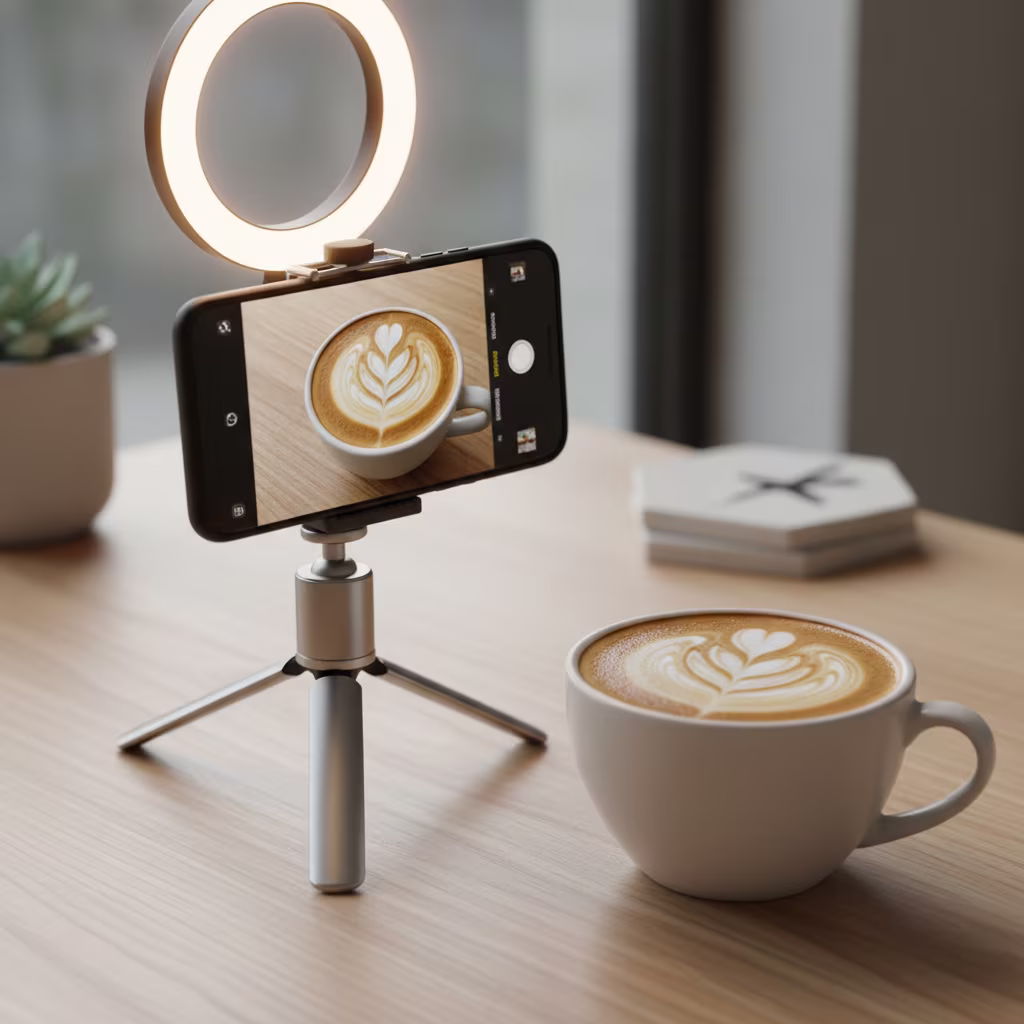 Ein Smartphone auf einem Stativ mit Ringlicht nimmt ein Foto eines Kaffees mit Herz-Latte-Art auf einem Holztisch auf, neben dem eine zweite Tasse Kaffee steht.
