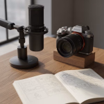 Ein schwarzes Mikrofon auf einem Ständer, eine Kamera mit Objektiv auf einem Holzblock und ein geöffnetes Notizbuch mit Skizzen liegen auf einem Holztisch.