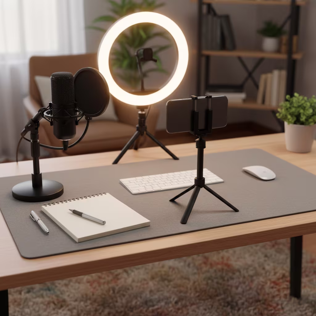 **Textvorschlag:** Das Bild zeigt einen aufgeräumten Schreibtisch, der für die Erstellung digitaler Inhalte oder Online-Kommunikation eingerichtet ist. Auf einer grauen Schreibtischunterlage liegen ein schwarzes Podcast-Mikrofon mit Popfilter auf einem Ständer, ein Notizbuch mit einem Stift und Kugelschreiber, eine weiße Tastatur und eine weiße Computermaus. Im Zentrum steht ein leuchtendes Ringlicht auf einem Stativ, daneben ein Smartphone, ebenfalls auf einem Stativ befestigt, was auf Videoaufnahmen oder Live-Streams hindeutet. Im Hintergrund sind ein bequemer brauner Sessel, ein Bücherregal und eine Zimmerpflanze zu erkennen, die eine wohnliche und dennoch professionelle Arbeitsatmosphäre schaffen. --- **Alternativtext:** Ein Schreibtisch mit Mikrofon, Ringlicht und Smartphone auf Stativen, bereit für Podcast- oder Videoaufnahmen.