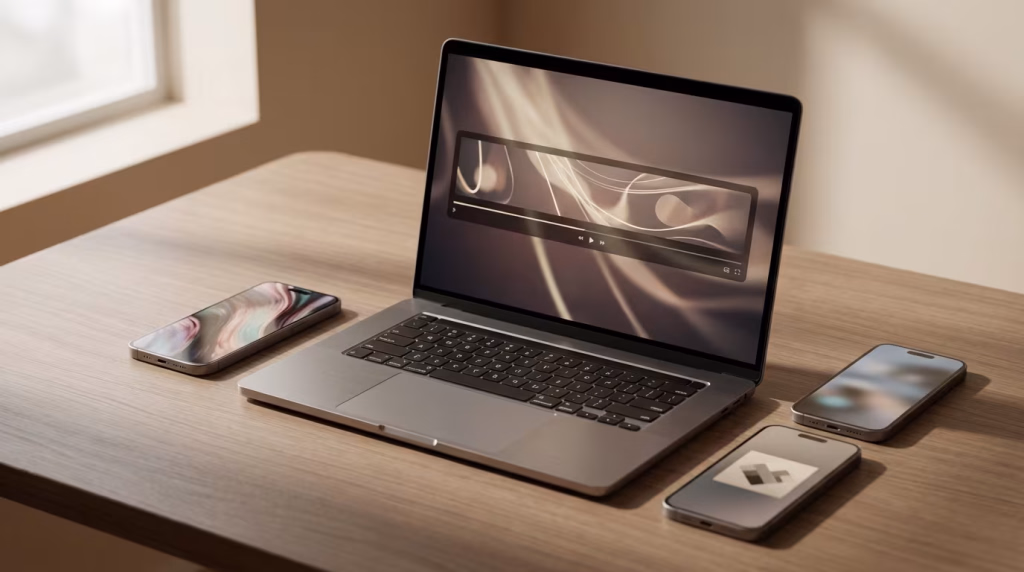 Ein Laptop zeigt ein Video auf seinem Bildschirm, umgeben von drei Smartphones auf einem Holztisch, der von Tageslicht erhellt wird.