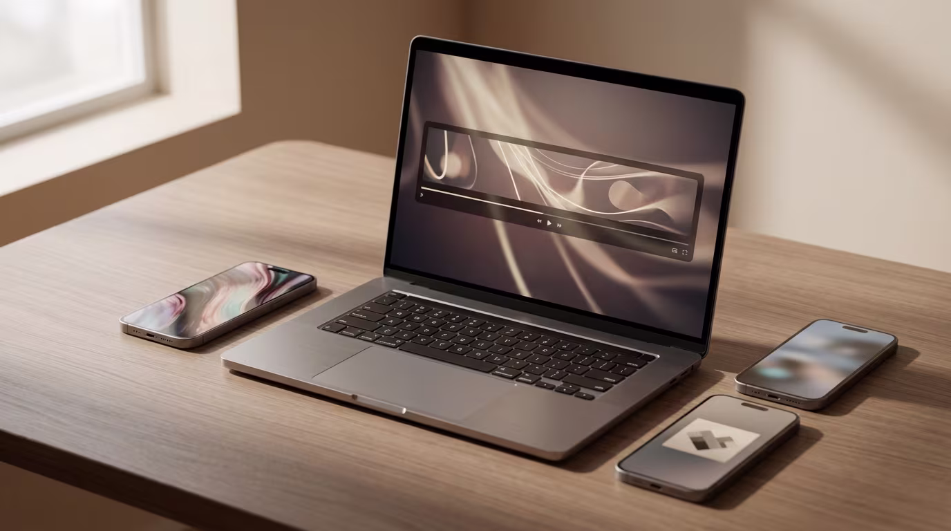 Ein Laptop zeigt ein Video auf seinem Bildschirm, umgeben von drei Smartphones auf einem Holztisch, der von Tageslicht erhellt wird.