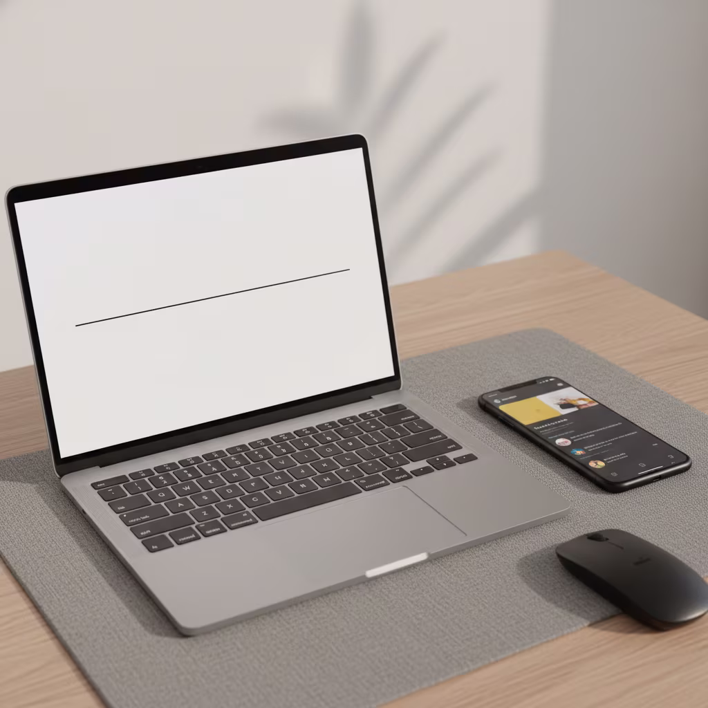 Ein moderner Arbeitsplatz mit einem geöffneten Laptop mit leerem Bildschirm, einem Smartphone und einer Computermaus, arrangiert auf einer grauen Schreibtischunterlage.