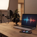 Ein modernes Podcast- oder Heimstudio-Setup auf einem Holztisch mit Mikrofon, Kopfhörern und Laptop, der eine Audiowellenform anzeigt.