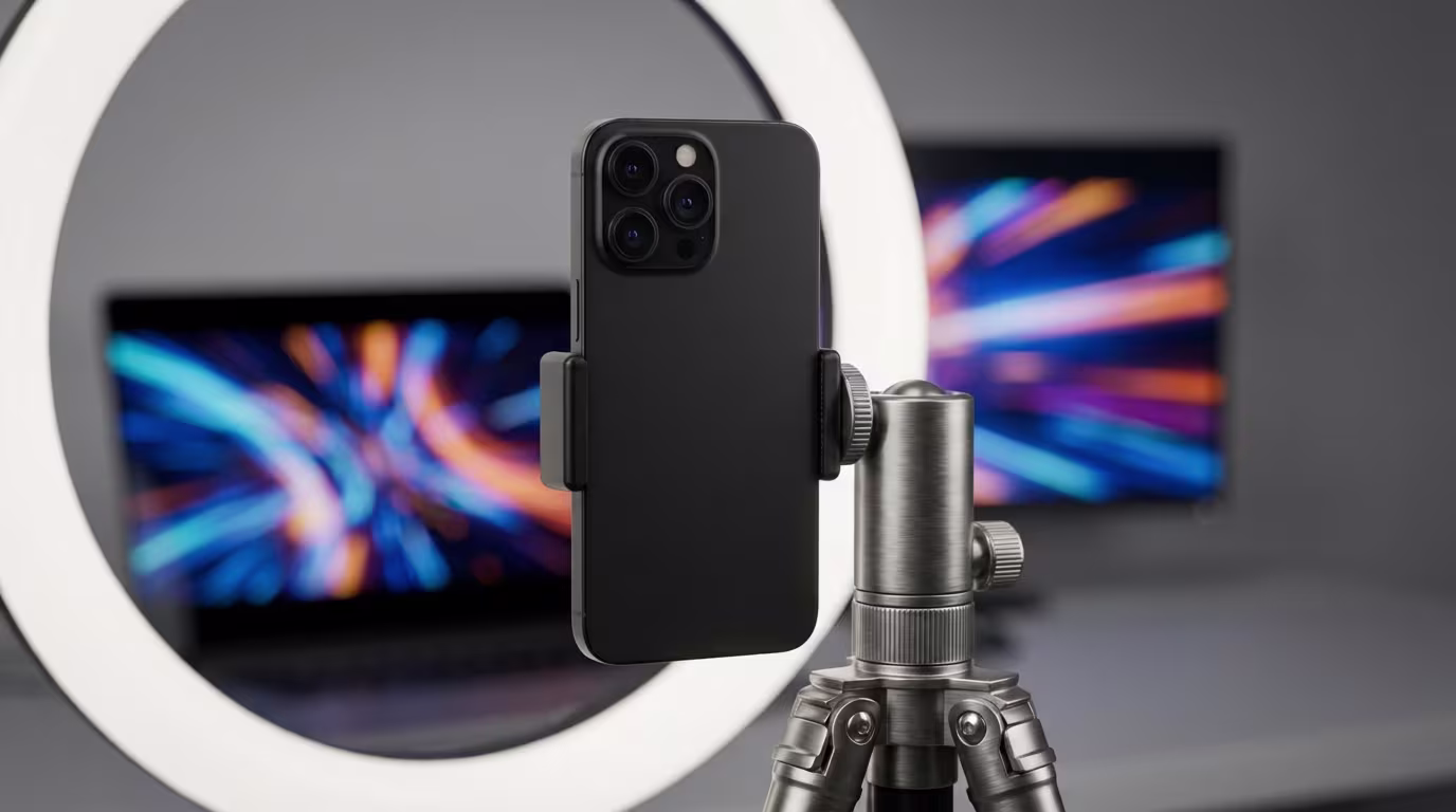 Mobile Videoaufnahme-Einrichtung mit einem Smartphone auf Stativ und Ringlicht, vor unscharfen Bildschirmen.