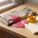 Ein Computer-Keyboard und ein offenes Notizbuch auf einem Holzschreibtisch sind von einer großen, dicken, pinken Flüssigkeit mit dunklen Sprenkeln bedeckt, in der eine gelbe Quietscheente sitzt.