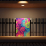 Ein einzelnes buntes Buch mit leuchtenden, psychedelischen Mustern steht auf einem Bücherregal zwischen vielen schlichten, dunklen Büchern und wird von oben beleuchtet.