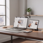 Auf einem modernen Holzschreibtisch sind ein Laptop, ein Tablet und ein Smartphone nebeneinander arrangiert, die alle eine ähnliche Benutzeroberfläche mit Fotos und Profilen anzeigen. Der geöffnete Laptop dominiert die Szene, während das Tablet auf einem Ständer und das Smartphone flach liegend die Vielseitigkeit der Anwendung auf verschiedenen Geräten demonstrieren. Ein großes Fenster im Hintergrund sorgt für natürliche Beleuchtung, ergänzt durch eine Pflanze auf einem Regal, die eine produktive und angenehme Arbeitsumgebung unterstreicht. **Alternativtext:** Laptop, Tablet und Smartphone auf einem Holzschreibtisch zeigen eine Benutzeroberfläche mit Fotos und Profilen, umgeben von einem hellen Büro mit Fenster.