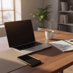 Ein aufgeräumter Schreibtisch mit einem geöffneten Laptop, einer dampfenden Kaffeetasse, einem Notizbuch mit handgezeichneten Diagrammen und einem Smartphone, beleuchtet von Sonnenlicht.