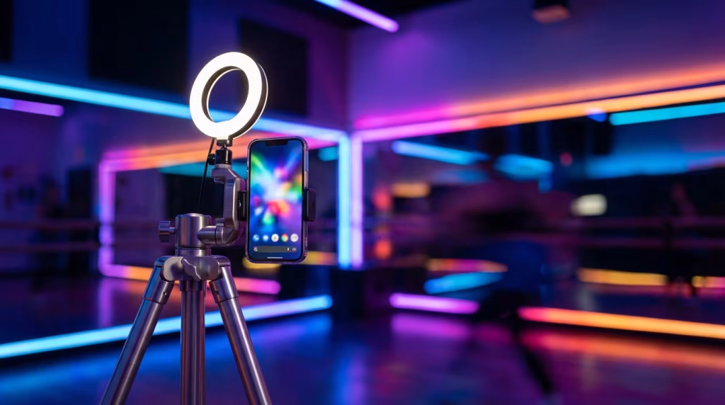 **Vorgeschlagener Text:** In der heutigen digitalen Ära ist es wichtiger denn je, mit hochwertigen Inhalten zu begeistern. Ob für Social Media, Live-Streams oder Online-Kurse – ein professionelles Setup macht den Unterschied. Unser Bild zeigt, wie einfach es sein kann, eine ansprechende Umgebung zu schaffen: Ein Smartphone, befestigt an einem stabilen Stativ und perfekt ausgeleuchtet durch ein Ringlicht, steht bereit für die nächste Aufnahme. Die lebhaften Neonlichter im Hintergrund untermauern eine dynamische und moderne Atmosphäre, die ideal ist, um Kreativität zu entfachen und dein Publikum zu fesseln. Entdecke die Möglichkeiten der Content-Erstellung und lass deine Ideen im besten Licht erstrahlen! **Alternativtext:** Ein Smartphone mit einem beleuchteten Ringlicht auf einem Stativ in einem Raum mit bunten Neonlichtern, bereit für die Content-Erstellung.