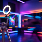 **Vorgeschlagener Text:** In der heutigen digitalen Ära ist es wichtiger denn je, mit hochwertigen Inhalten zu begeistern. Ob für Social Media, Live-Streams oder Online-Kurse – ein professionelles Setup macht den Unterschied. Unser Bild zeigt, wie einfach es sein kann, eine ansprechende Umgebung zu schaffen: Ein Smartphone, befestigt an einem stabilen Stativ und perfekt ausgeleuchtet durch ein Ringlicht, steht bereit für die nächste Aufnahme. Die lebhaften Neonlichter im Hintergrund untermauern eine dynamische und moderne Atmosphäre, die ideal ist, um Kreativität zu entfachen und dein Publikum zu fesseln. Entdecke die Möglichkeiten der Content-Erstellung und lass deine Ideen im besten Licht erstrahlen! **Alternativtext:** Ein Smartphone mit einem beleuchteten Ringlicht auf einem Stativ in einem Raum mit bunten Neonlichtern, bereit für die Content-Erstellung.