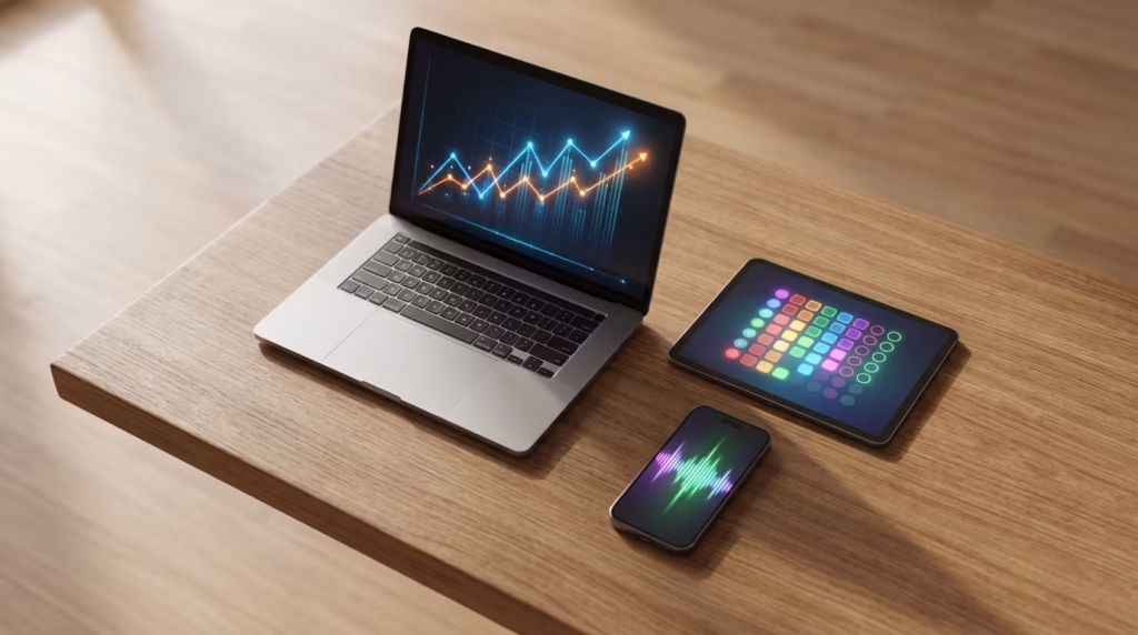 Ein Laptop mit einem steigenden Trenddiagramm, ein Tablet mit bunten Datenpunkten und ein Smartphone mit einer Schallwelle liegen auf einem Holztisch.