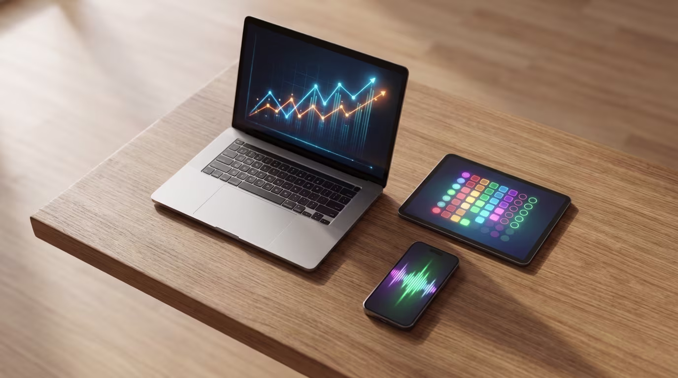 Ein Laptop mit einem steigenden Trenddiagramm, ein Tablet mit bunten Datenpunkten und ein Smartphone mit einer Schallwelle liegen auf einem Holztisch.