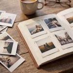 Ein offenes Fotoalbum mit eingeklebten Sofortbildern und ein Stapel weiterer Fotos liegen auf einem Holztisch, daneben eine Kaffeetasse und eine Brille.