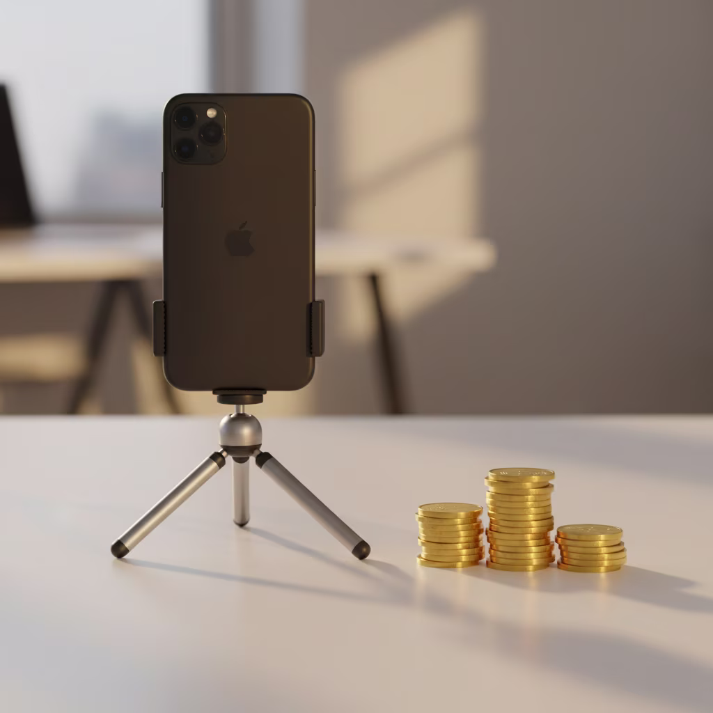 Ein schwarzes Smartphone auf einem kleinen Stativ steht auf einem Schreibtisch neben drei Stapeln goldener Münzen, was das Verdienen von Online-Einkommen darstellt.