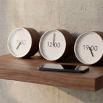 Drei moderne Uhren und ein Smartphone liegen auf einem schwebenden Holzregal vor einer strukturierten Betonwand. Die Anordnung der Uhren vermittelt das Konzept von verschiedenen Zeitpunkten oder Zeitzonen und unterstreicht die Bedeutung der Zeit im Alltag.