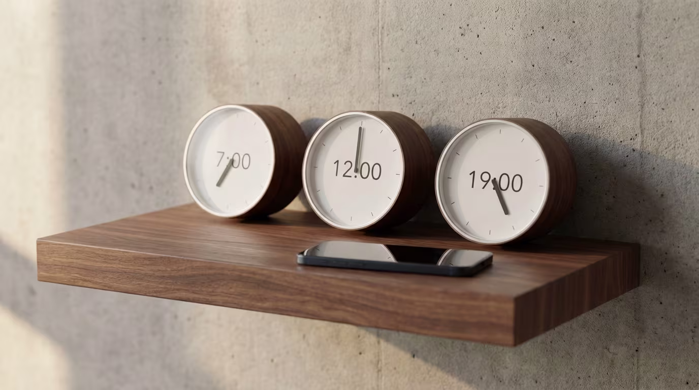Drei moderne Uhren und ein Smartphone liegen auf einem schwebenden Holzregal vor einer strukturierten Betonwand. Die Anordnung der Uhren vermittelt das Konzept von verschiedenen Zeitpunkten oder Zeitzonen und unterstreicht die Bedeutung der Zeit im Alltag.