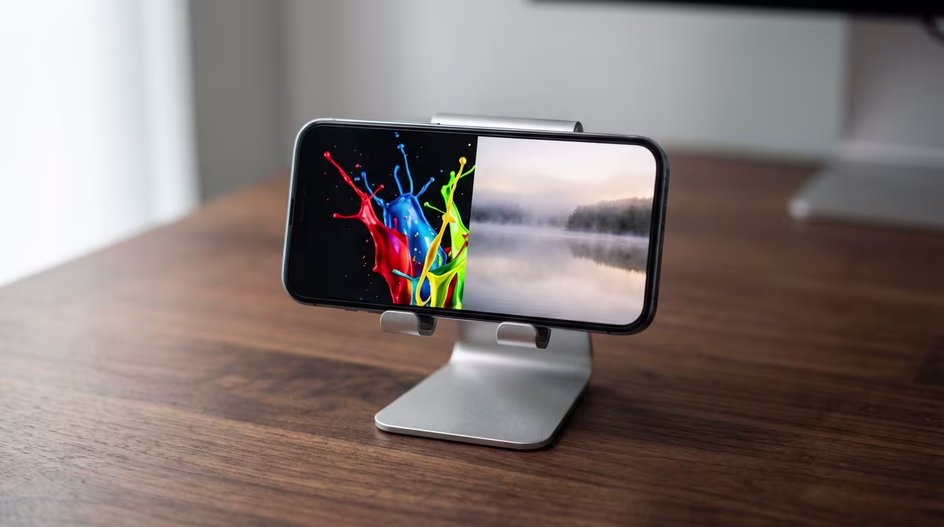 Ein Smartphone auf einem silbernen Ständer zeigt auf seinem Display zwei kontrastierende Bilder nebeneinander: links lebendige Farbspritzer auf schwarzem Grund und rechts eine ruhige, nebelverhangene Seenlandschaft.