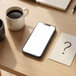 Ein Schreibtisch mit zwei Kaffeetassen, einem Smartphone mit leerem Bildschirm und einer Karte mit einem Fragezeichen.