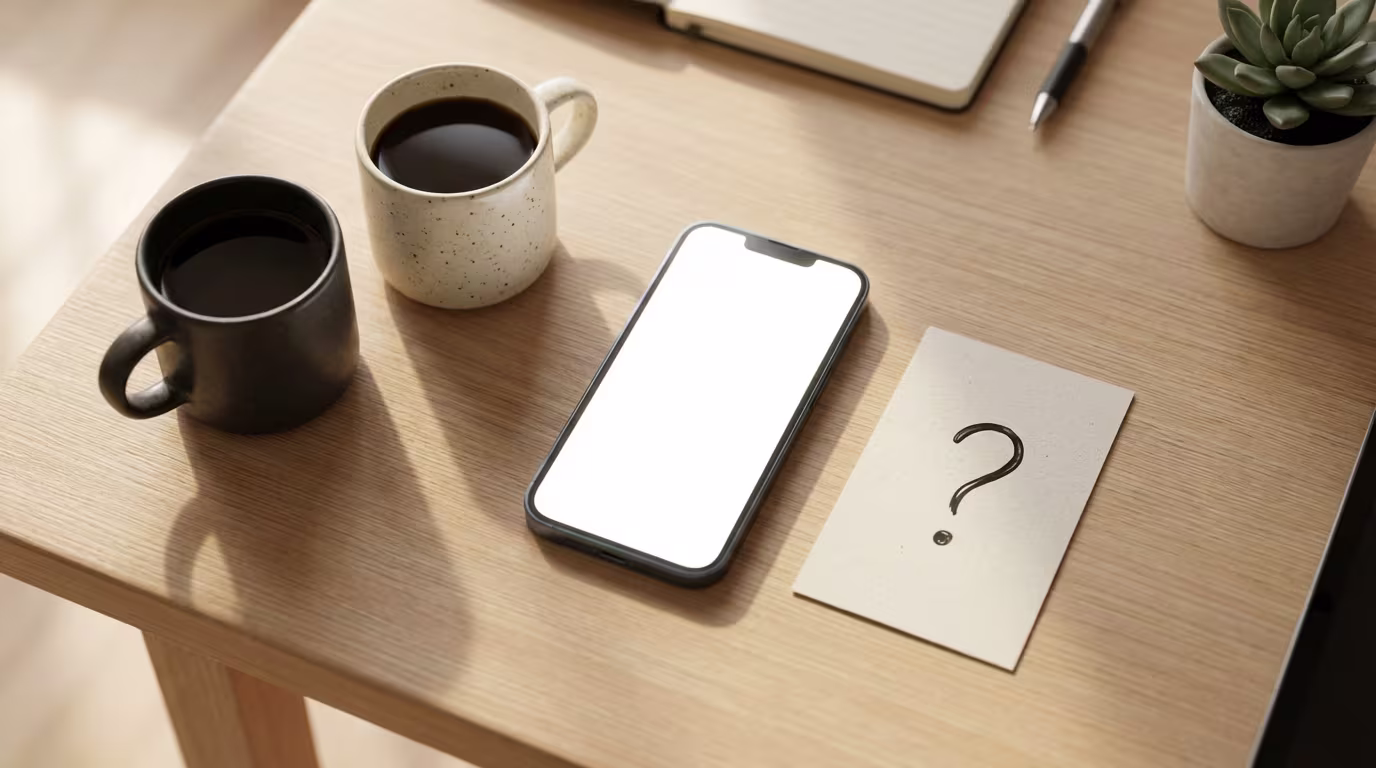 Ein Schreibtisch mit zwei Kaffeetassen, einem Smartphone mit leerem Bildschirm und einer Karte mit einem Fragezeichen.