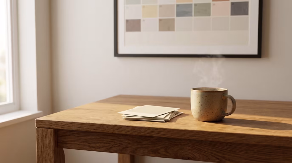 **Vorgeschlagener Blogtext:** Beginne deinen Tag mit Klarheit und Inspiration. Manchmal braucht es nur einen ruhigen Moment, eine dampfende Tasse deines Lieblingsgetränks und Raum für neue Gedanken, um die besten Ideen zu finden. Ob du deine nächste Renovierung planst und Farbmuster vergleichst, wichtige Notizen machst oder einfach nur den Moment genießt – ein aufgeräumter Geist und eine inspirierende Umgebung sind der Schlüssel. Lass dich von der Stille des Morgens leiten und bringe deine Visionen zu Papier. **Alternativtext:** Eine dampfende Tasse und ein Stapel leerer Karten auf einem Holztisch, beleuchtet von Sonnenlicht, mit einem gerahmten Farbgitter im Hintergrund.