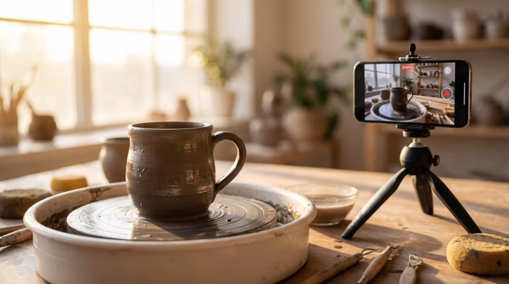 Ein Smartphone auf einem Stativ filmt eine unfertige Tasse auf einer Töpferscheibe in einer sonnendurchfluteten Werkstatt.
