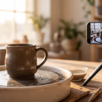 Ein Smartphone auf einem Stativ filmt eine unfertige Tasse auf einer Töpferscheibe in einer sonnendurchfluteten Werkstatt.