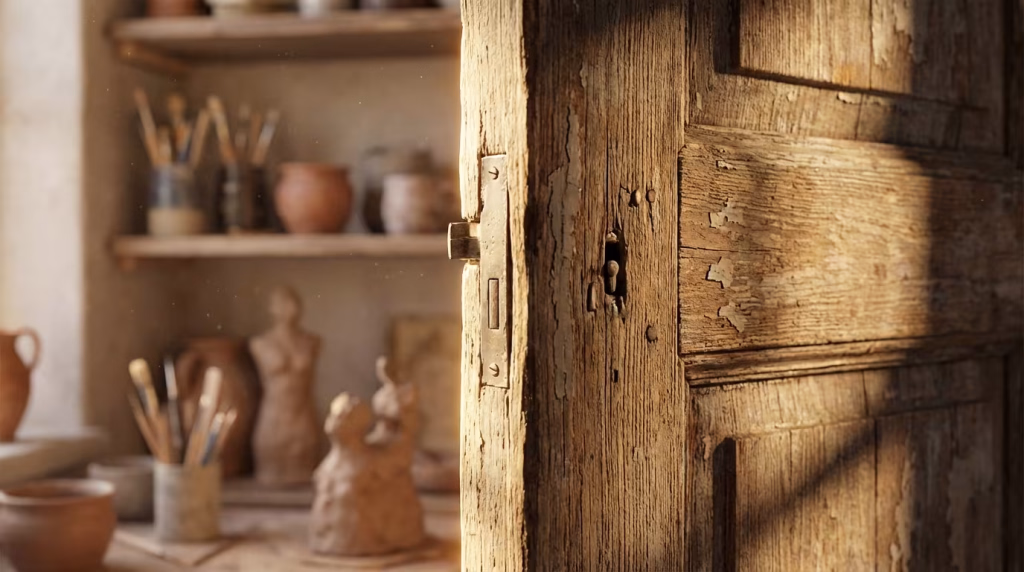 Eine alte, leicht geöffnete Holztür gibt den Blick auf ein staubiges Künstleratelier mit Töpferwaren und Pinseln frei.