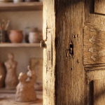 Eine alte, leicht geöffnete Holztür gibt den Blick auf ein staubiges Künstleratelier mit Töpferwaren und Pinseln frei.