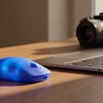 Eine leuchtend blaue Computermaus liegt auf einem Holzschreibtisch neben einem geöffneten Laptop. Im unscharfen Hintergrund ist eine Kamera zu sehen, was einen modernen Arbeitsplatz darstellt.